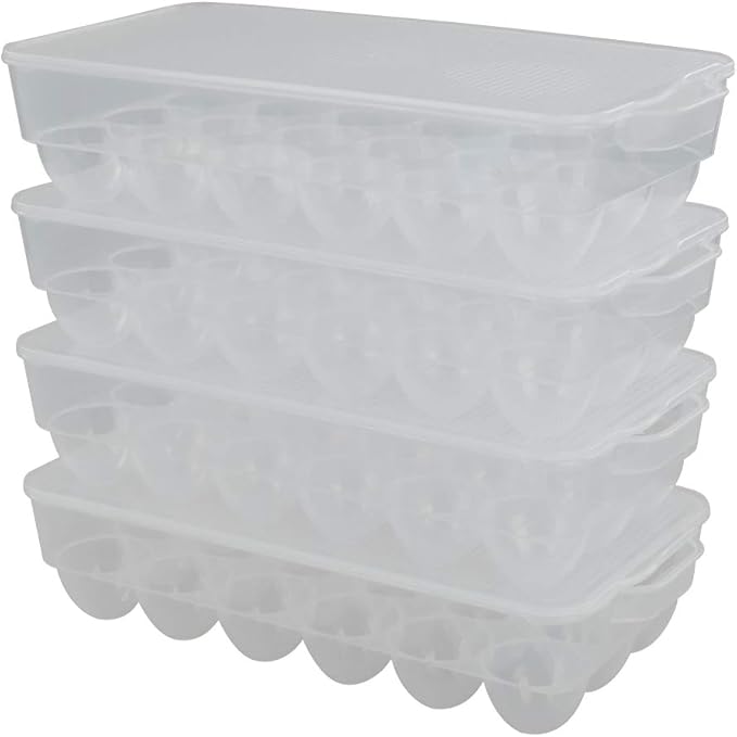 Eagrye 4-Pack Clear Covered Egg Holders, Egg Holder For Refrigerator, Plastic Refrigerator Egg Trays with Lids, Fit 18 x 4 Eggs (72 Eggs)