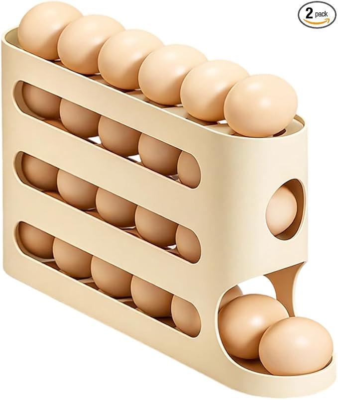 Egg Holder for Fridge, Automatic Rolling Dispenser, Space-Saving Organizer for Refrigerator and Countertop, 30 Large Eggs Capacity (Yellow)