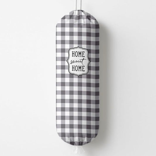 Plastic Bag Holder, Home Sweet Home Plastic Bag Holder for Kitchen Essentials, Gray and White Grid Bags Holders for Plastics Bags Groceries Store, Kitchen Gifts to Women Family Friends