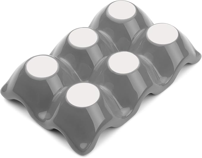 Flexzion Ceramic Egg Holder for Fridge - 6 Cups Egg Tray Half Dozen Porcelain Container Keeper Storage Organizer Decorative Serving Dish Serveware for Refrigerator Countertop Display Kitchen (Gray)