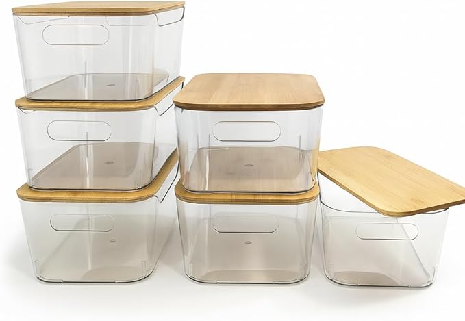 CiWiVOKi 6 Pack Clear Storage Bins with Bamboo Lids, Stackable Organization and Storage Containers with Handle for Pantry, Cabinet, Closet, Fridge, Bathroom, Organizer Bins for Home & Kitchen