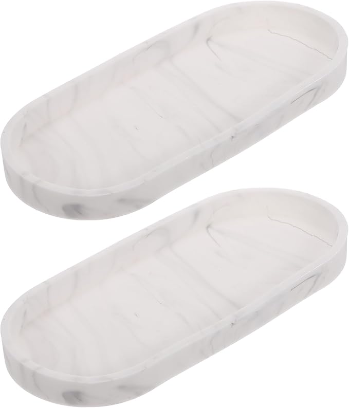 uxcell 2Pcs Bathroom Vanity Tray, 9.8" x 4" Oval Silicone Soap Dispenser Trays, Shatterproof Kitchen Sink Organizer for Soaps Keys Candle Trinket, Marble White