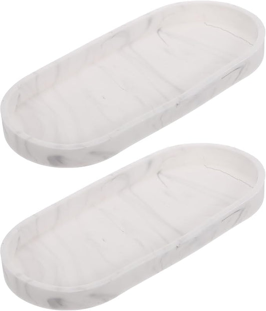 uxcell 2Pcs Bathroom Vanity Tray, 9.8" x 4" Oval Silicone Soap Dispenser Trays, Shatterproof Kitchen Sink Organizer for Soaps Keys Candle Trinket, Marble White