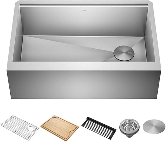 Kraus Kore 30-Inch Farmhouse Workstation with In Sink Dish Drying Rack, Stainless Steel Kitchen Sink, KWF410-30