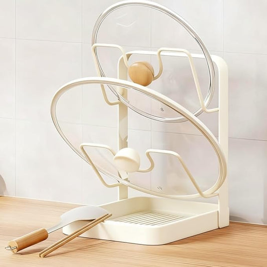 Kitchen Pot Lid Storage Rack, Lid Holder While Cooking, Countertop Organizer Rack for Counter with Removable Drip Tray, Stainless Stand with Tray Spoon Rest for Stove Top(Beige-Double layer)