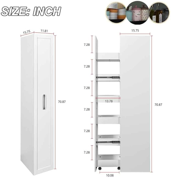 7 Tier Slim Storage Cart, Rolling Spice Rack Next to Fridge Slim, Narrow Storage Cabinet, Wood Storage Organizer with Handle Wheels for Kitchen, Dining Room (6 Tier)
