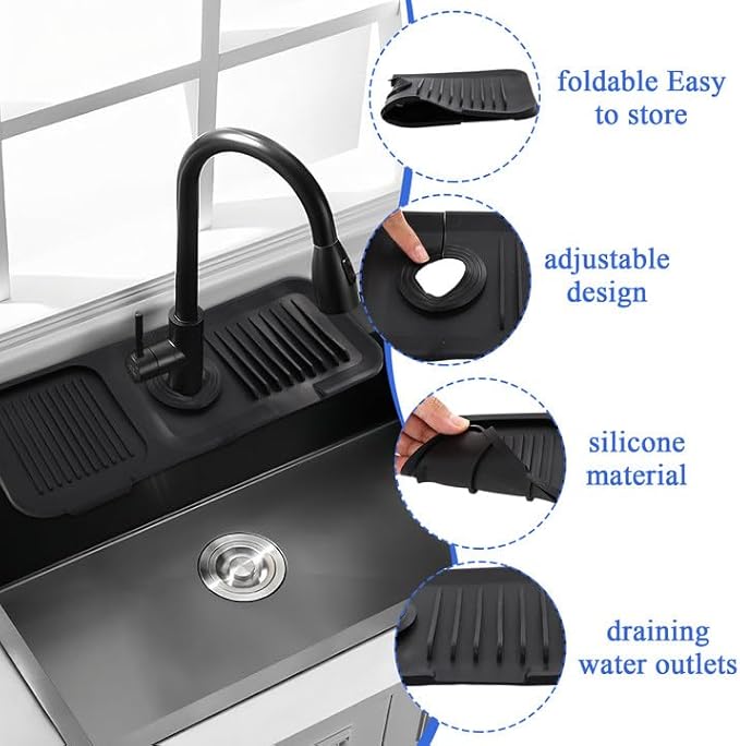14.6 in Silicone Faucet Splash, Kitchen Sink Splash Guard, Faucet Splash Guard, Silicone Faucets Mat for Kitchen Bathroom (Black 14.6 * 5.5 * 0.7in)