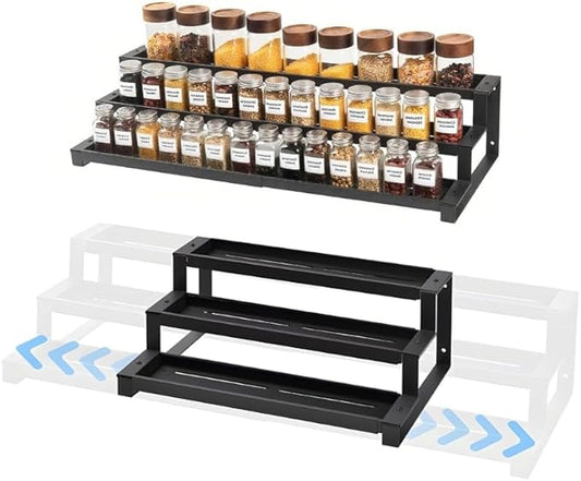 3-Tier Spice Rack Organizer, 16"-29" Expandable Adjustable Shelf, Slip-Resistant Metal Storage for Kitchen Cabinet Countertop Pantry, Seasoning Jar Bottle Display Stand, Black