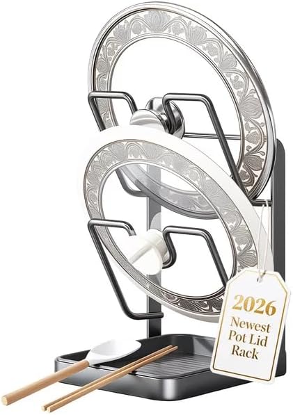 Pot Lid Organizer Holder Rack for While Cooking Under Cabinet Crockpot Pan and Storage Crock Spoon Rest with Kitchen Top Double U-Shaped Slots Steel Countertop Counter Stainless Stand Drip Tray