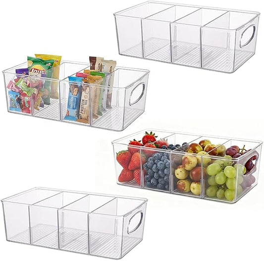 Clear Plastic Storage Bins, 4 Pack Pantry Organizers and Storage Bins with Handle and Removable Dividers for Kitchen, Office, Closet, Cabinet, Laundry Room, Freezer, Bathroom & Home organization