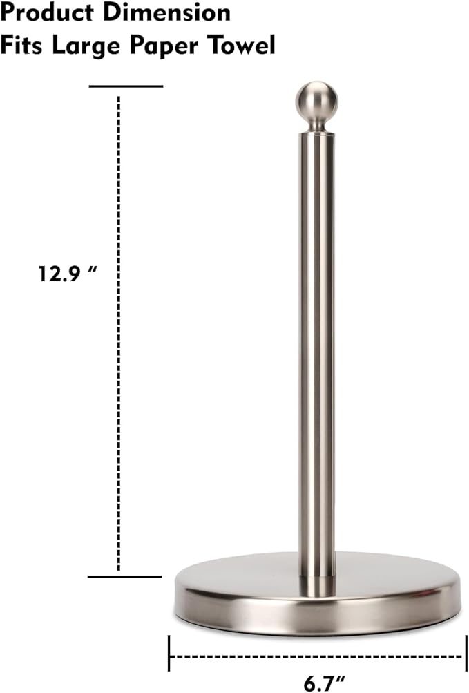 Paper Towel Holder Countertop, Standing Paper Towel Roll Holder for Kitchen Bathroom, with Weighted Base for One-Handed Operation (Stainless Steel Base, Brushed Nickel)