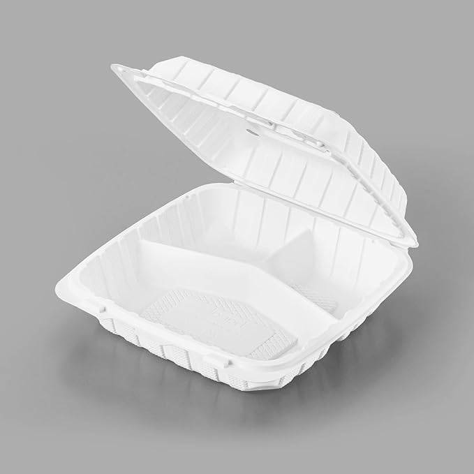 KARAT EARTH Clamshell Take Out Food Containers [9"x9" - 120 ct] To Go Containers | 3 Compartment, Soak-Resistant, Durable, Stackable | Vented for Hot/Cold Foods, White