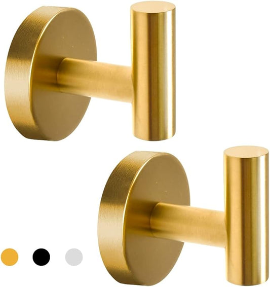 Vuzvuv 2-Pack Gold Wall-Mounted Towel Hooks, SUS304 Stainless Steel Waterproof Coat Robe Holder, Heavy Duty Hooks for Bathroom, Kitchen, Hotel (Drilling)