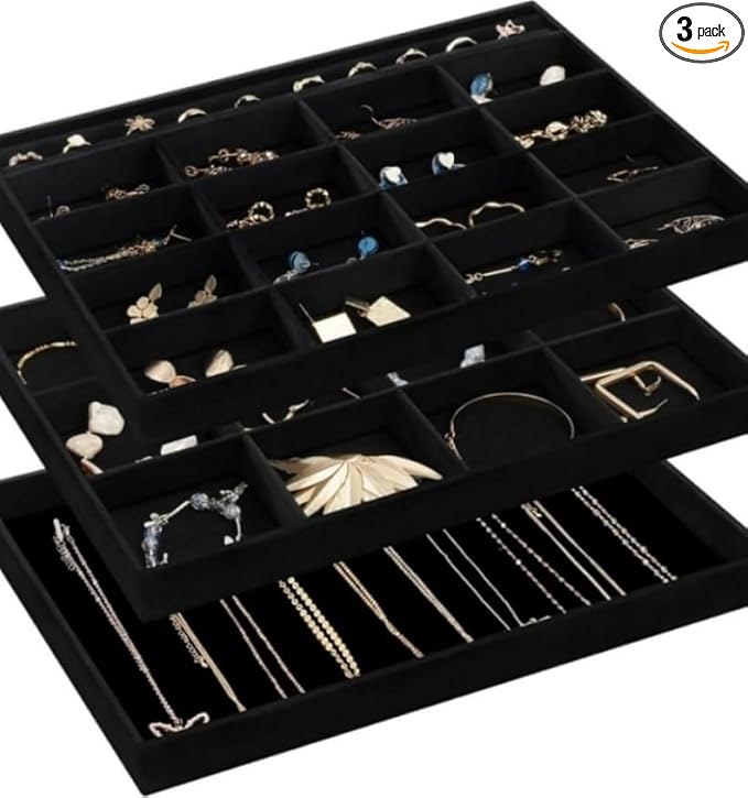 ProCase Stackable Large Jewelry Drawer Organizer, 3 Pack Velvet Jewelry Organizer Tray with Removable Dividers for Earring Necklace Bracelet -Allblack