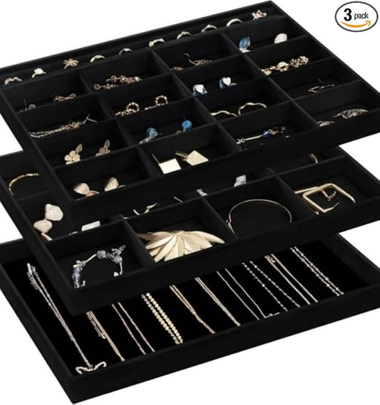 ProCase Stackable Large Jewelry Drawer Organizer, 3 Pack Velvet Jewelry Organizer Tray with Removable Dividers for Earring Necklace Bracelet -Allblack
