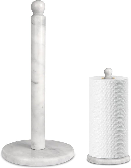 Handmade Marble Paper Towel Holder - 12" Upright Paper Roll Dispenser with Heavy Non-Slip Base for Easy One-Handed Tear - Ideal for Kitchen Countertops, Cabinets, and Bathrooms-White & Light Grey…