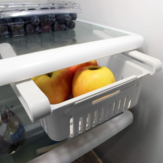 Fenzer Adjustable Drawer for Fridge Kitchen Organizer Adjustable Kitchen Refrigerator Storage Rack Fridge Freezer Shelf Holder Pull-Out Drawer Space 2 Color (White/Cream) (White)