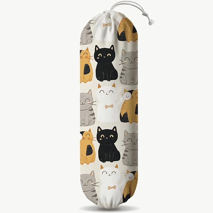Cat Plastic Bag Holder, Reusable Shopping Bags Storage Dispenser, Lovely Cats Fabric Garbage Trash Bag Dispenser for Home Kitchen Pantry Cabinet, Wall Mount, Kitchen Housewarming Gifts