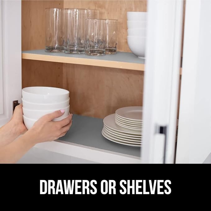GORILLA GRIP DripGuard Shelf Liner, Non Adhesive Drawer and Kitchen Cabinet Protector, Slip Resistant BPA Free Smooth Surface Plastic Liners for Cabinets, Bathrooms, Closets, 12x240 Inch, Light Gray