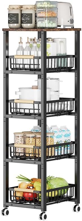 CarolynDesign Metal Wire Baskets with Wheels, Kitchen Storage Stackable Vegetable Fruit Cart Bins with Pull Out Wooden Handel Mat Bottom Sliding Dawers, for Bathroom, Garage and Pantry