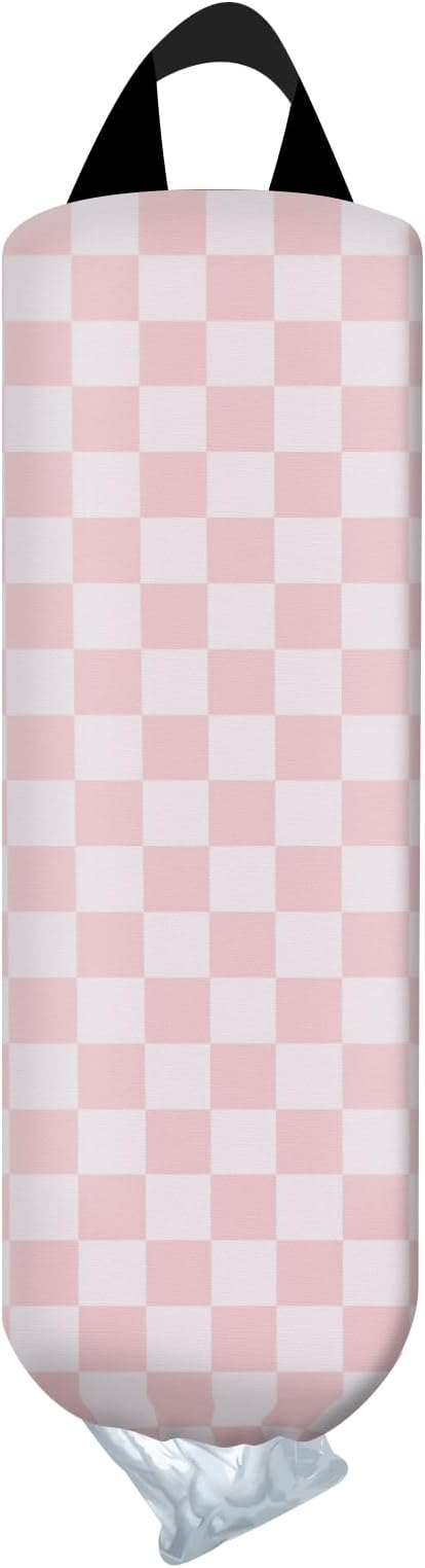 Plastic Bag Holder, Wall Mount Grocery Bag Organizer, Funny Hanging Trash Storage Dispenser for Home Kitchen Cute Pink Checkers