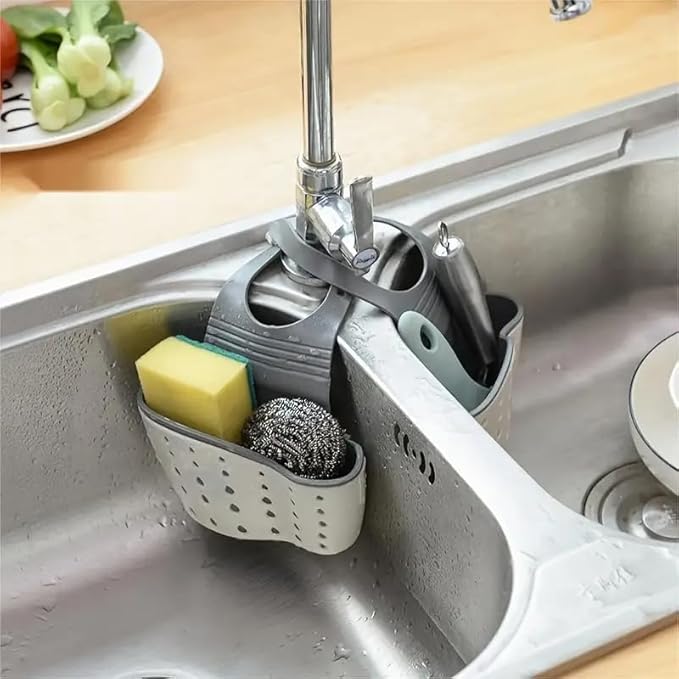 Kitchen & Bathroom Sink Caddy – Adjustable Hanging Strap Sponge and Soap Holder with Drain Holes for Drying, Plastic Faucet Organizer