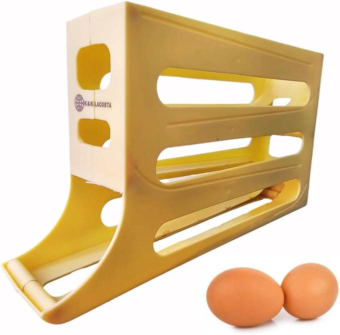K&KLACOSTA 4 Tier Egg Tray, Automatic Egg Rolling Dispenser Rack for Storing Organizing Distributing and Rolling Eggs in Refrigerator Stackable, in Kitchens, Cabinets, Dining Tables Yellow