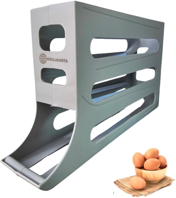 K&KLACOSTA 4 Tier Egg Tray, Automatic Egg Rolling Dispenser Rack for Storing Organizing Distributing and Rolling Eggs in Refrigerator Stackable, in Kitchens, Cabinets, Dining Grey (Grey, Regular)