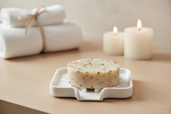 Happitasa Silicone Soap Dish Tray and Sponge Holder with Drain Chute and Feet | 3-Way Sloped Design | Bathroom and Kitchen Sink Organizer Caddy (White, 5"x4")