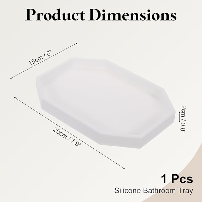 uxcell Bathroom Vanity Tray, 7.9" x 6" Octagon Silicone Soap Dispenser Trays, Shatterproof Kitchen Sink Organizer for Soaps Keys Candle Trinket, White