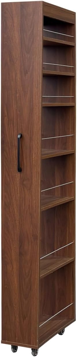 71-Inch Slim Storage Cart on Wheels, Walnut 7-Tier Tall Slide Out Kitchen Pantry Cabinet with Anti-Fall Bars, Rolling Utility Cart with Metal Handle for Kitchen Dining Room Small Spaces
