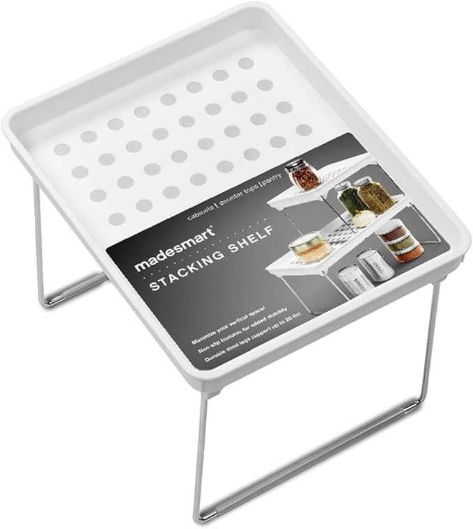 Madesmart Small Stackable Storage Shelf for Cabinets or Counters, Plastic Collapsible Cabinet Shelf for Home Organization, White , 9.38 x 7.63 x 1.5 in