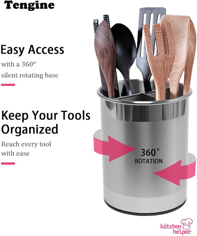 TENGINE Stainless Utensil Holder 360° Rotating 6.5X5.25 Inch Utensil Crocks for Kitchen Counter with Removable Divider Sliver