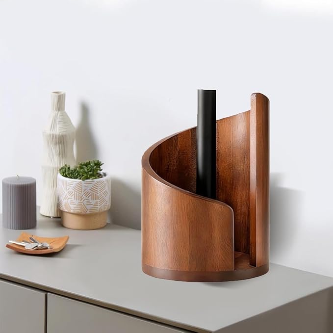 Mountain Paper Towel Holder, Natural Mango Wood Base with Iron Center Rod, Countertop Paper Towel Stand, Decorative Kitchen Paper Towel Dispenser — No Installation Required (Brown)