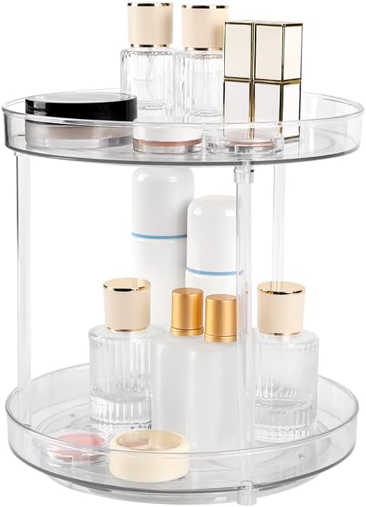 360 Clear Rotating Makeup Organize for Vanity,2 Tiers Lazy Susan Large-Capacity Skincare Organizers Cosmetic DisplayCase Organizer for Dresser, Countertop, Bathroom, Cabinet, Kitchen, Fridge (2Tiers)