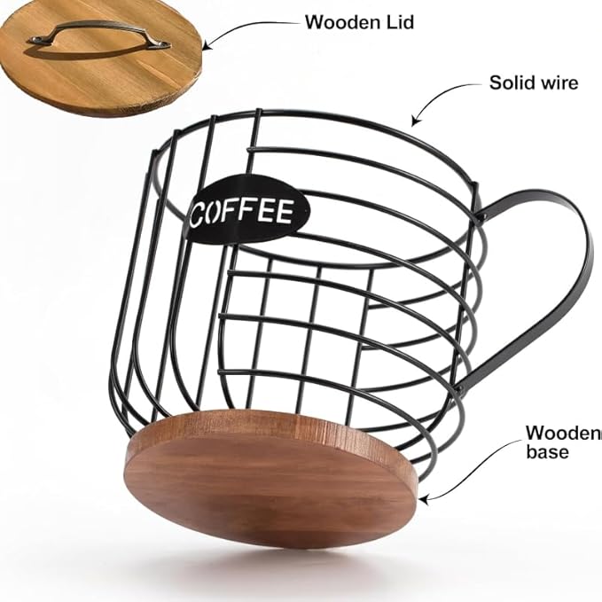 Coffee Pod Basket Holder - Large Capacity Black with Wood Lid | Display Coffee Pods & Espresso Capsules on Countertop, Rustic Wire Mesh Storage Bin with Decorative Wood Cover for Kitchen Decor