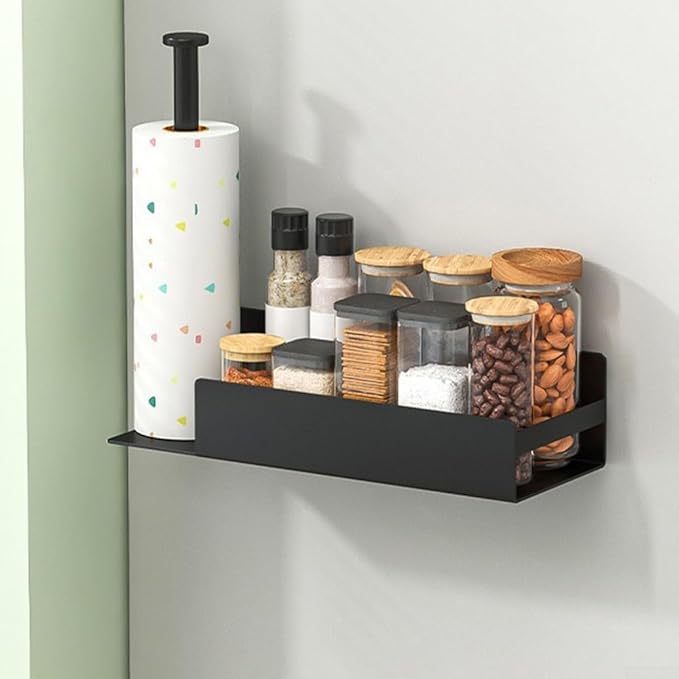 Magnetic Spice Rack with Paper Towel Holder for Fridge Mounting, Metal Shelf Organizer for Kitchen Storage of Spices, Snacks, and Cooking Tools