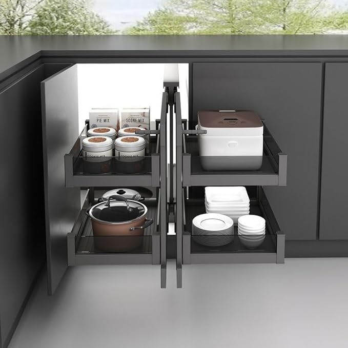Heavy-Duty Blind Corner Pull Out Organizer - 55lbs Capacity 2-Tier Cabinet Organizer with Adjustable Baskets, Explosion-Proof Glass & Carbon Steel for Kitchen Cabinets