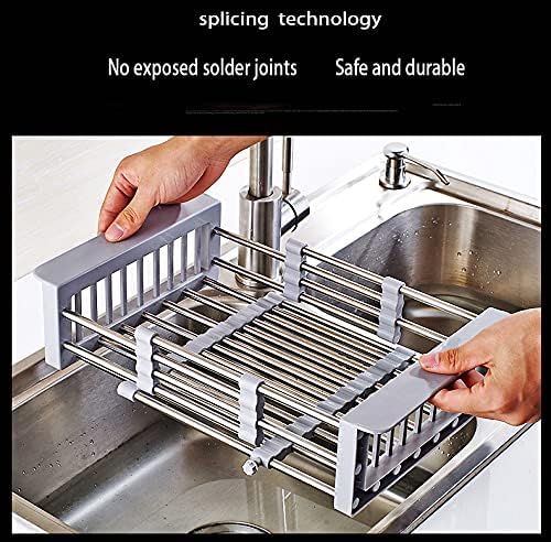 CARNAVAL Stainless Steel Kitchen Drying Rack, Retractable Drain Basket with Adjustable Armrest, Over The Sink Dish Drying Rack