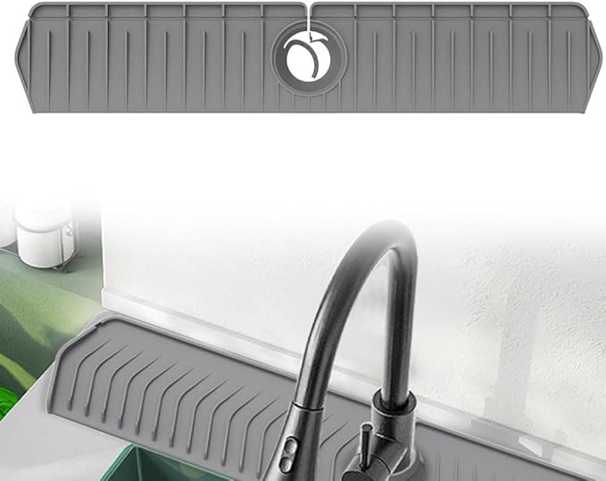 Foldable Kitchen Sink Faucet Mat, 76CM Thickened Faucet Mat for Kitchen Sink, Multi-Purpose Splash Guard & Drying Pad with Adjustable Holes & Snap Lock (Grey)