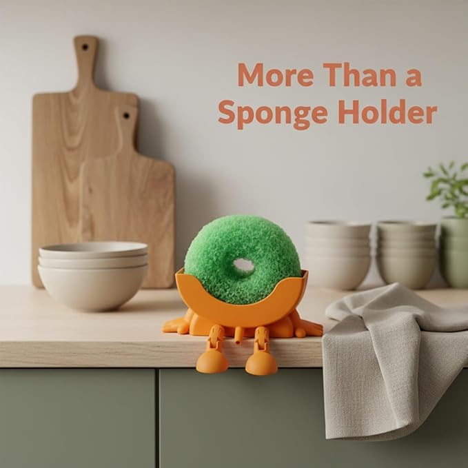 Fun Sponge Stand, 3D Printed Sink Draining Sponge Holder, Cute Sitting Kitchen Caddy Gadgets with Hanging Legs, Countertop Organizer for Sink Edge & Counter Decor, For Daily Cleaning(Green)