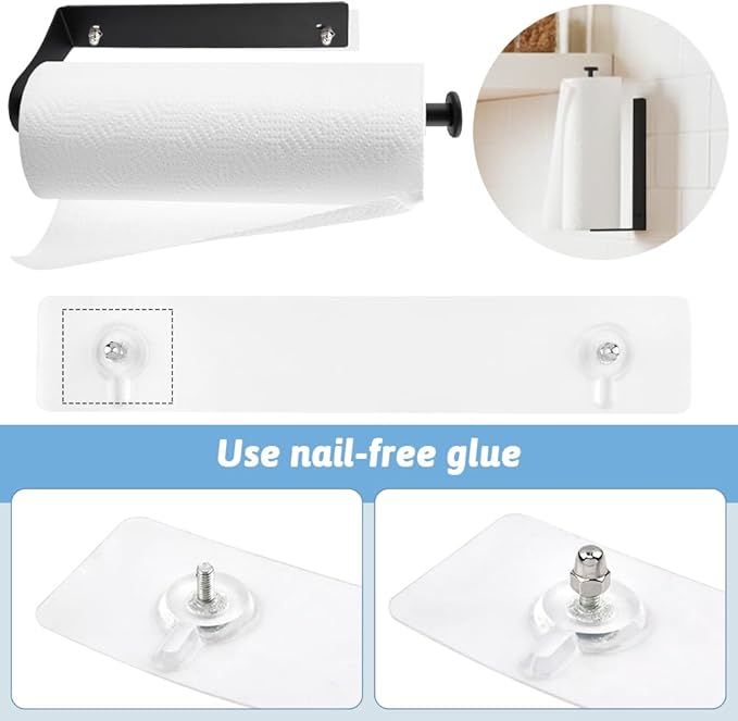 Magnetic Paper Towel Holder for Fridge, No Drill, One Hand Tear Paper Towel Holder with Ratchet Mechanism, Self-Adhesive & Wall Mount for Refrigerator, Kitchen, Garage, RV(Color:Black)