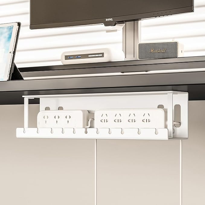 Under Desk Cable Management Tray Wires Organizer Power Strip Management No Drill Under Table Organizer for Cable Storage Holder for Office Home Desk/Table (WHITE-50CM)