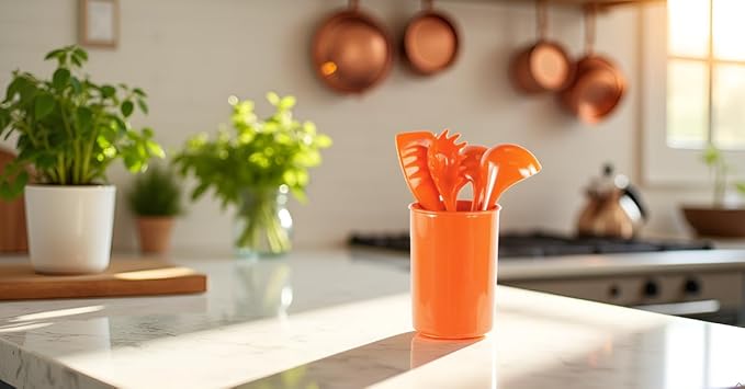 Reston Lloyd 6 Piece Kitchen Utensil Holder for Kitchen Counter, Utensils Crock with Heat Resistant Spoon, Slotted Spoon, Ladle, Spatula BPA Free, Orange