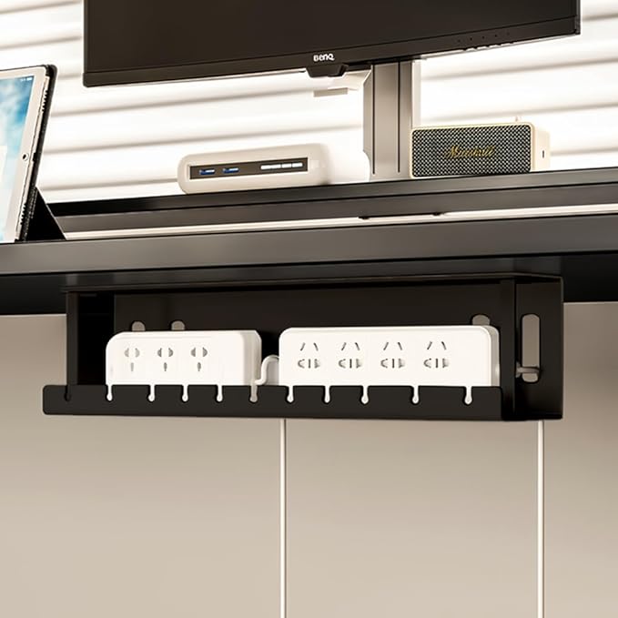 Under Desk Cable Management 12'' Tray Wires Organizer Power Strip Management No Drill Under Table Organizer for Cable Storage (BLACK-30CM)