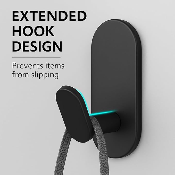 WZRUA Adhesive Towel Hooks for Bathrooms 2 Pack Matte Black Stainless Steel and Zinc Alloy Sticky Wall Hooks for Hanging Heavy Duty Self Adhesive Robe Shower Hanger for Kitchen, Closet, Cabinet, Door