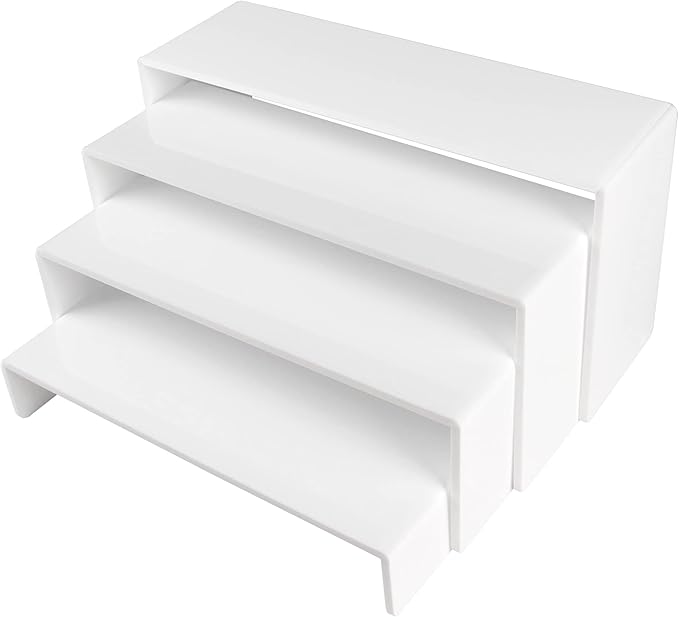 ELEGANTLIFE Acrylic Display Risers Set of 4, 4-Level Tiered Display Stands for Cupcakes, Small Figures & Jewelry, Compact Countertop Display Shelf, Multiple Colors Available (White)