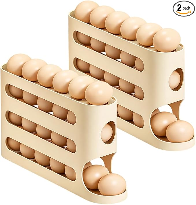 Egg Holder for Fridge, Automatic Rolling Dispenser, Space-Saving Organizer for Refrigerator and Countertop, 30 Large Eggs Capacity (2PCS Yellow)