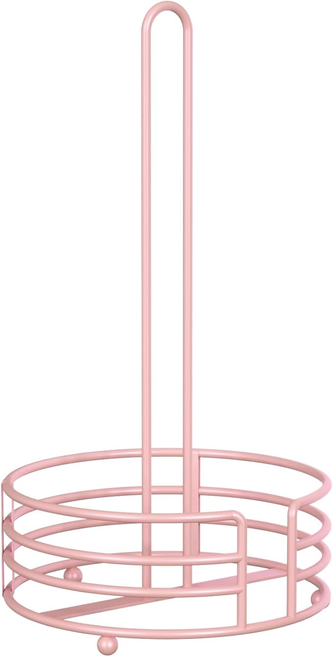 Buruis Paper Towel Holder for Kitchen Countertop, Pastel Pink - One Hand Tear with 8" Wide Base, 13" Height, Raised Feet & U-Handle - Heavy-Duty Steel Stand, Fits Jumbo Mega Rolls