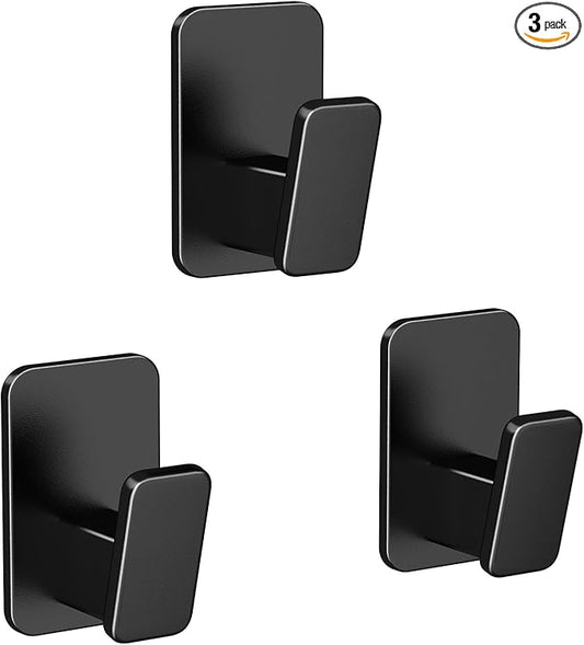 Danpoo Heavy Duty Self Adhesive Hooks - No Drill Wall Hooks for Bathroom, Kitchen, & Home Organization, Waterproof Aluminum Hook (3-Pack, Black)